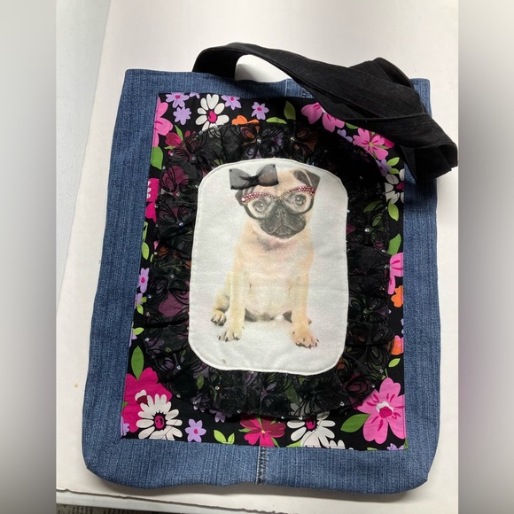 Handmade Upcycled Women’s Tote/Shoulder Bag, Denim, Chic Pup - Picture 3 of 4